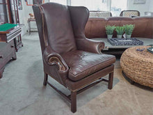 Pair Of Sam Moore 'Walnut Brown' Leather Wing Back Nailhead Trim Chairs