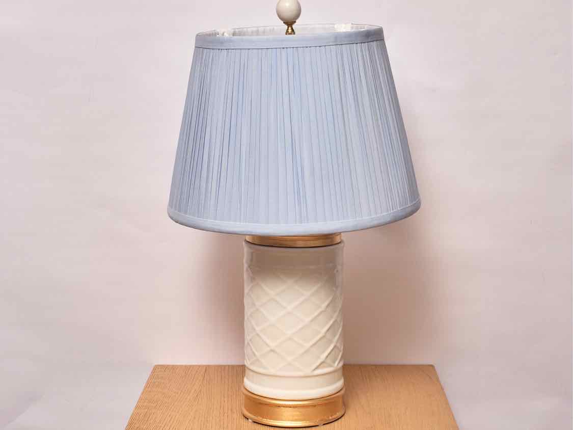 White Vase Table Lamp with Gold Trim and Jet Stream Empire Pleated Shade
