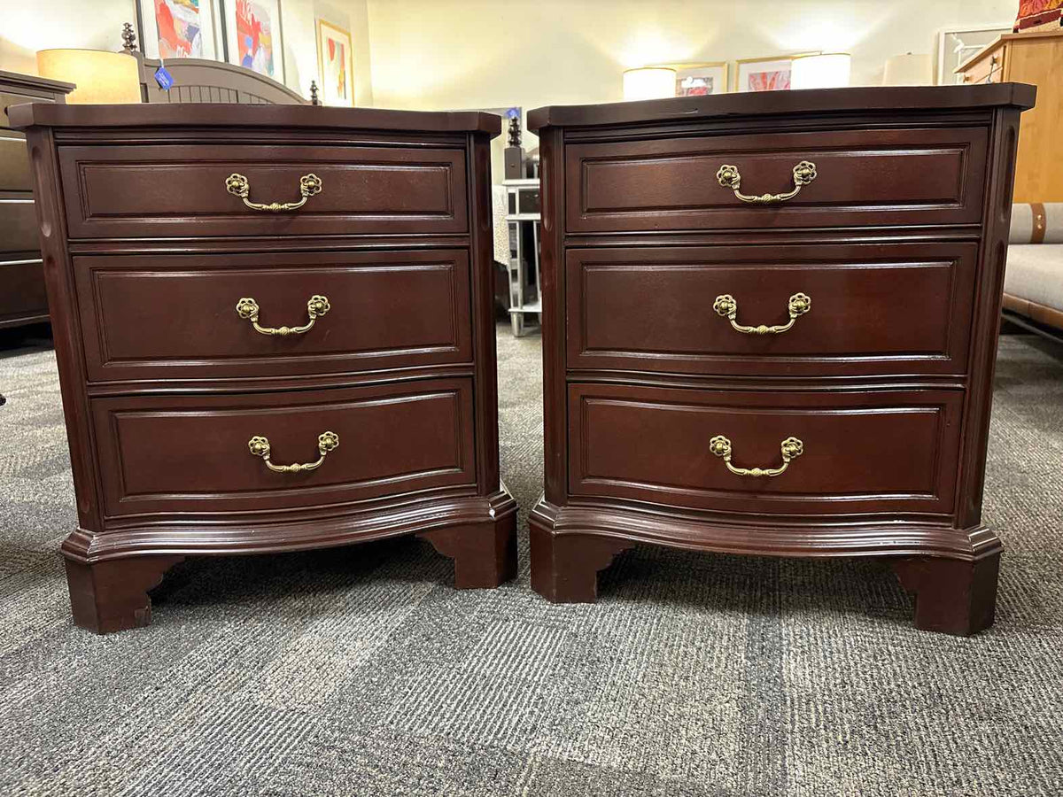 Pair of Mahogany Serpentine 3 Drawer Nightstands with Ornate Handles