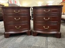 Pair of Mahogany Serpentine 3 Drawer Nightstands with Ornate Handles