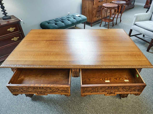 Carved Library Table with Quartersawn Oak Top