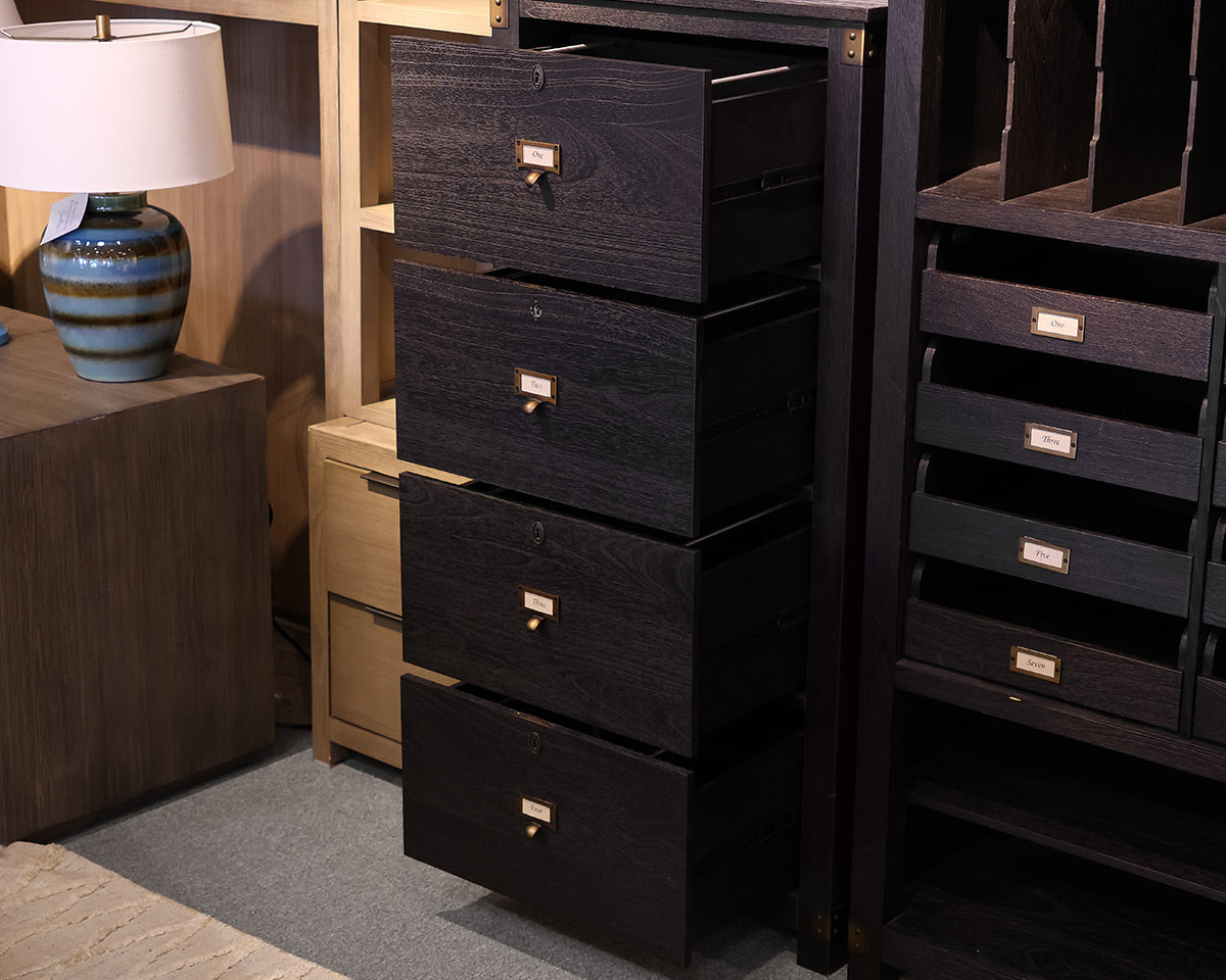 Arhaus Telegrah 4-Drawer Tall File Cabinet in Ebony Finish with Brass Hardware