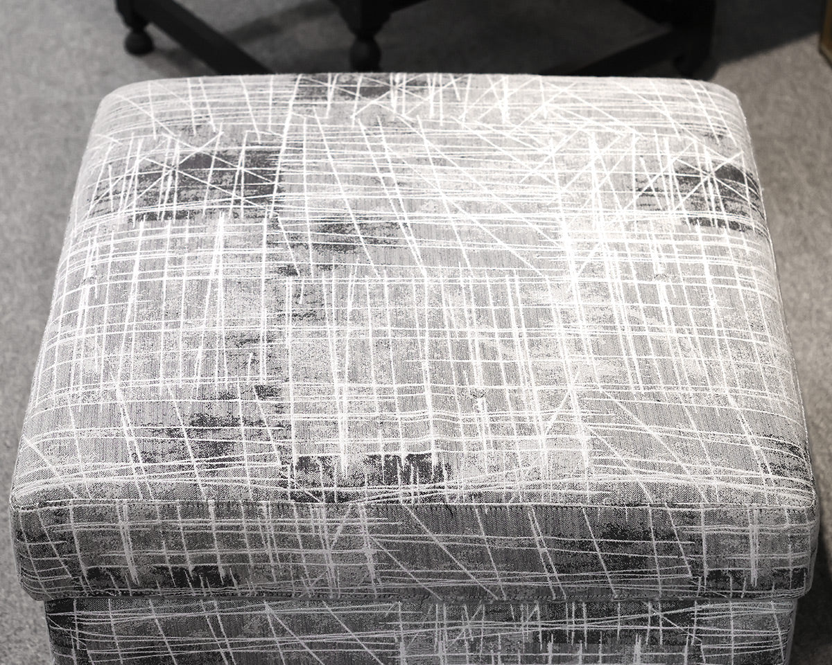 Bassett Custom Ottoman in Grey & White Sketch Abstract on Brushed Stainless Legs