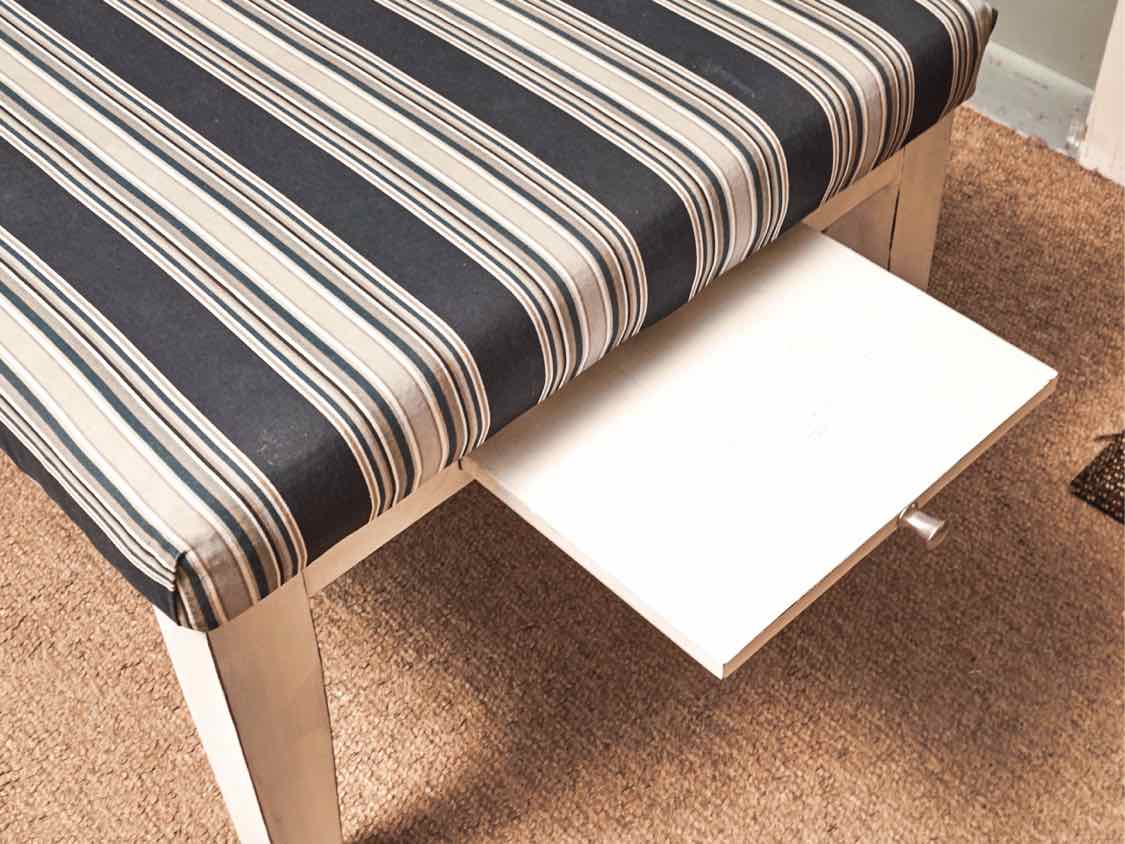 Blue Striped Fabric White Finish Legs Ottoman
