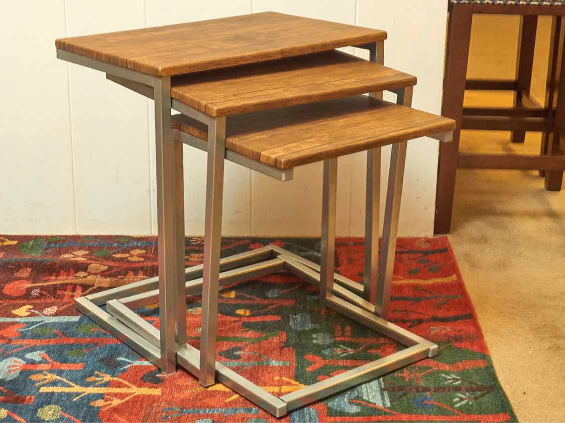 Set Of 3  Gumwood Top Chrome Legs Nesting Accent Tables