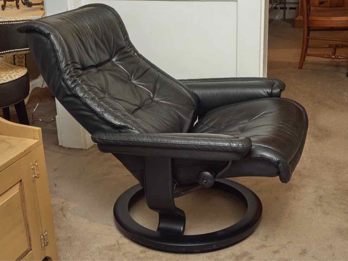 Ekornes Stressless Black Leather Swivel  Recliner & Ottoman