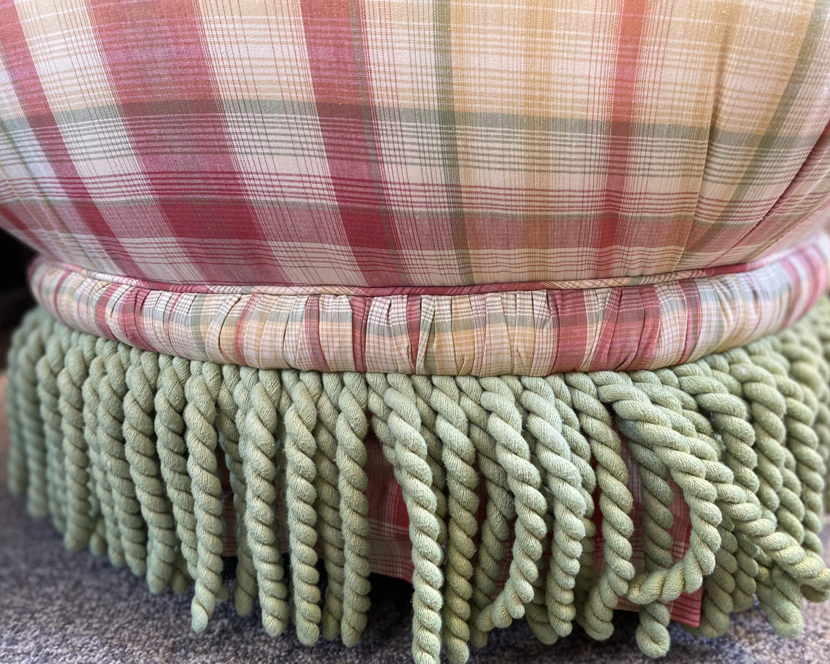 Round Tufted Ottoman with Lime Green Braided Tassels