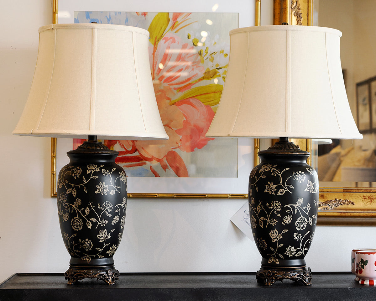 Pair of Ornate Black and Beige Table Lamps