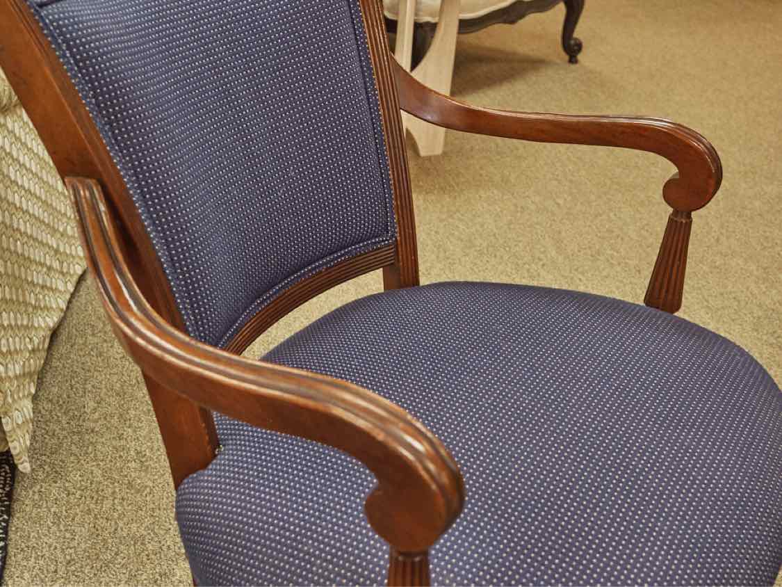 Mahogany  Arm Chair with Carving in Navy Blue Upholstery with Nailhead Trim