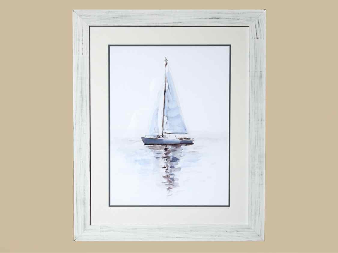 'Mirrored Sailboat II' Double Matted Art Print In White Washed Frame