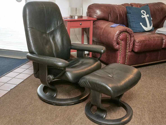 Ekornes Black Leather Stressless Arm Chair  & Ottoman