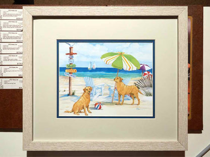 'Grayton Beach Dog II' Watercolor Print Double Matted In Driftwood Frame
