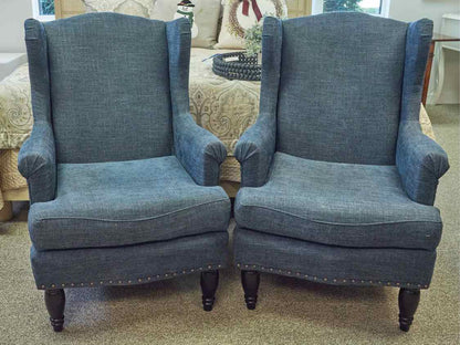 Pair of Pottery Barn Wing Back Chairs in Denim Blue Upholstery