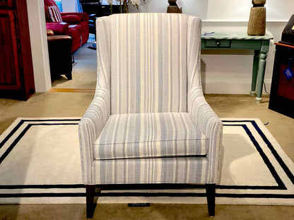 Pair Of Ethan Allen  Light Denim Blue Striped Upholstered  Wing Chairs