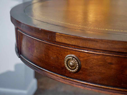 Brandt Leather Top Mahogany 1 Drawer  Round Pedestal Accent Table