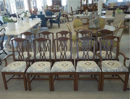 Set of 10 Mahogany Dining Chairs with Ikat Seats in Grey, Tan & Cream