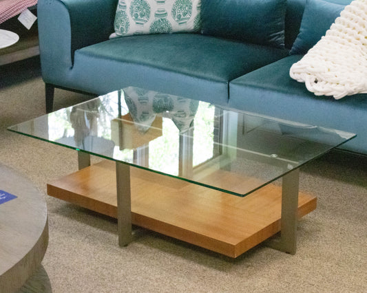 Contemporary Glass Top Cocktail Table in Steel with Wood Shelf