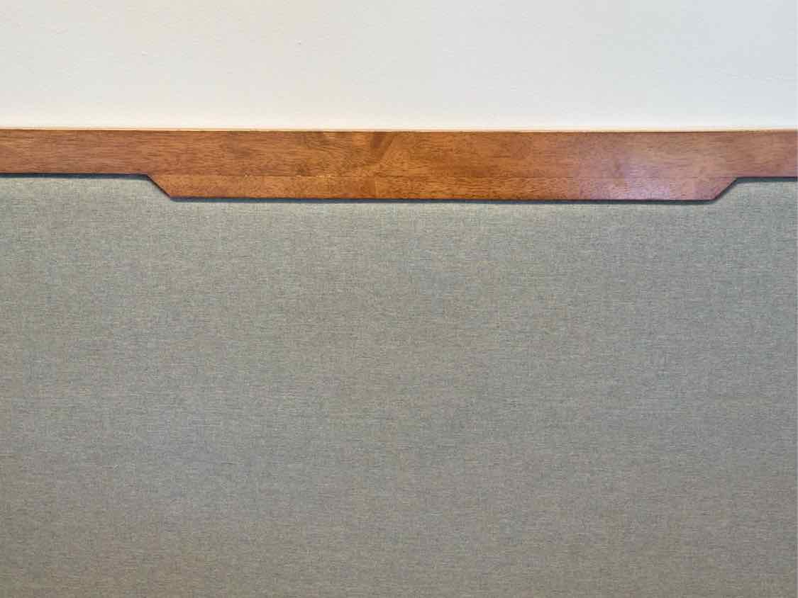 King Platform Bed in Walnut with Charcoal Grey Upholstered Headboard