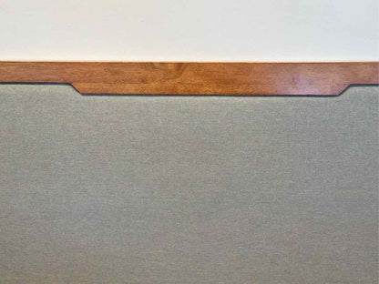 King Platform Bed in Walnut with Charcoal Grey Upholstered Headboard