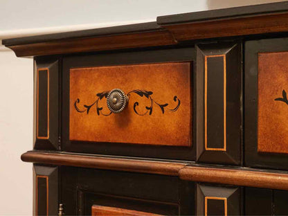 Black Finish With Stencil Accents 3 Drawer & 4 Door  Sideboard