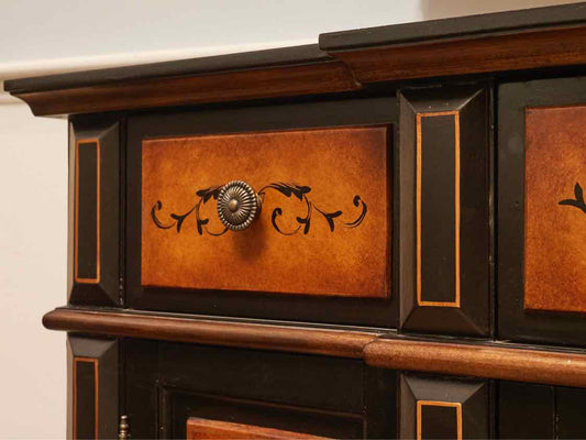 Black Finish With Stencil Accents 3 Drawer & 4 Door  Sideboard