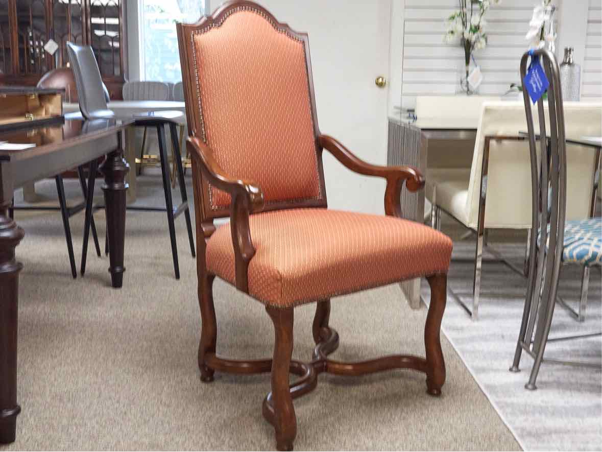 Wood Paneled Dining Table & 8 Fabric Dining Chairs w/ Nail Head Trim