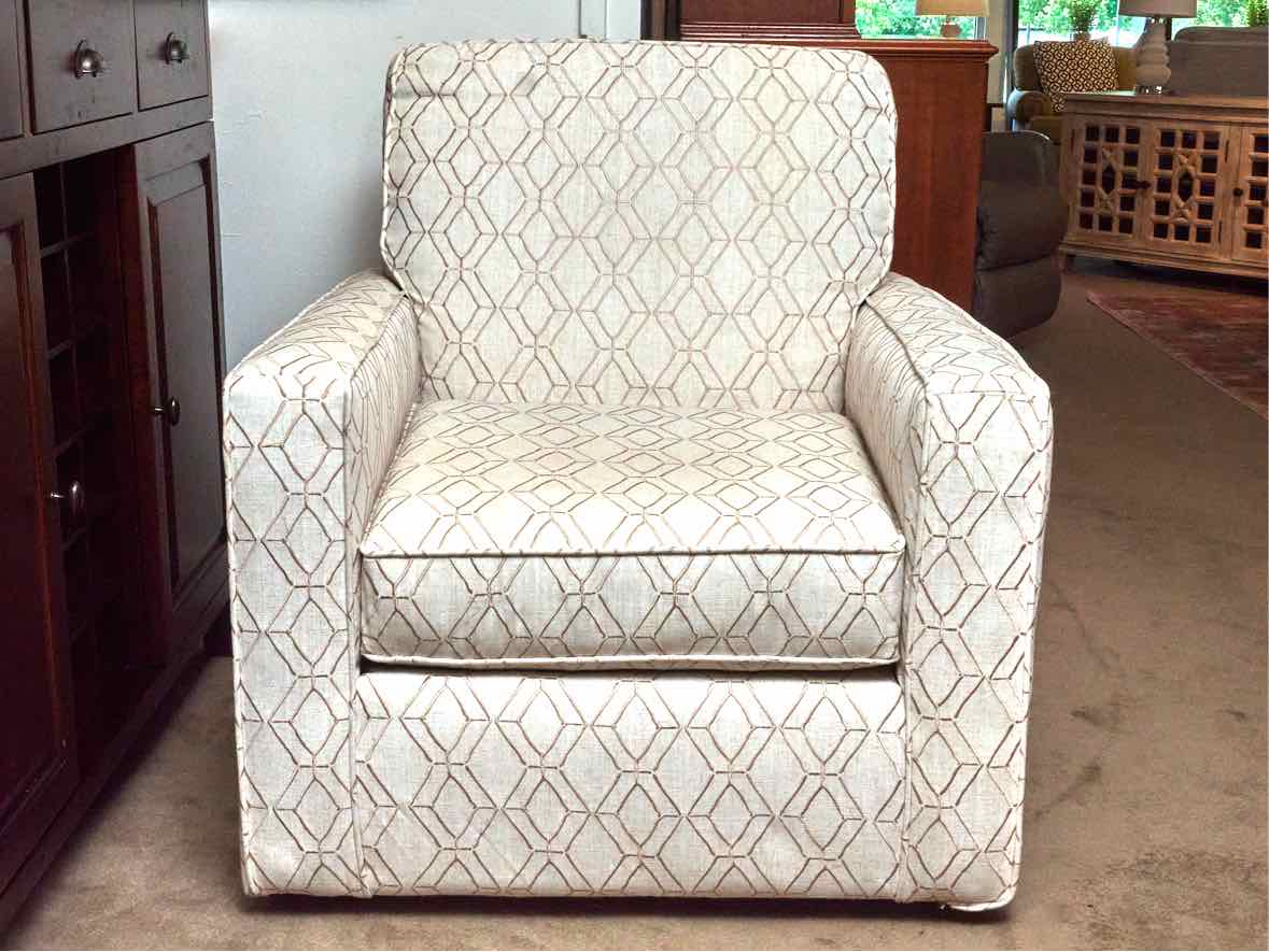 Swivel Chair with Track Arm in Ivory & Beige Trellis Design Upholstery