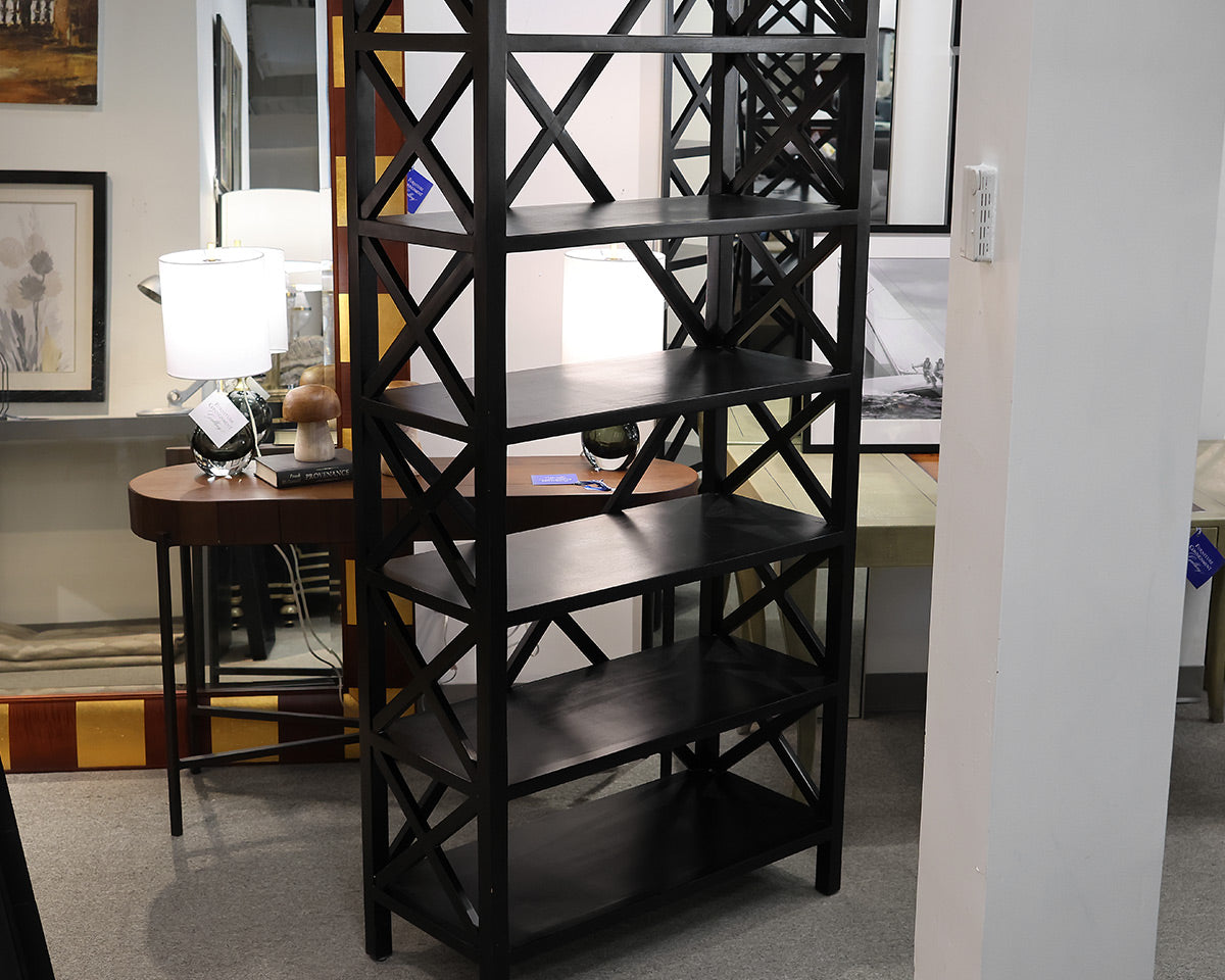 Black Etagere with Crisscross Side Detail and Top Finials