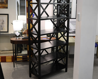 Black Etagere with Crisscross Side Detail and Top Finials