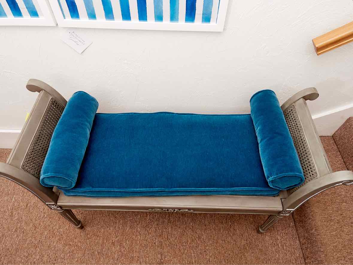 Gray Finish Cain Bench with Silver Accents & Peacock Blue Velvet Cushion