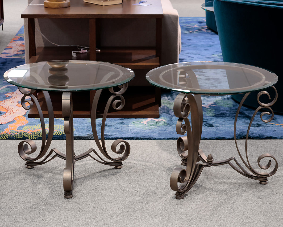 Pair of Round Glass Top Metal Base Side Tables
