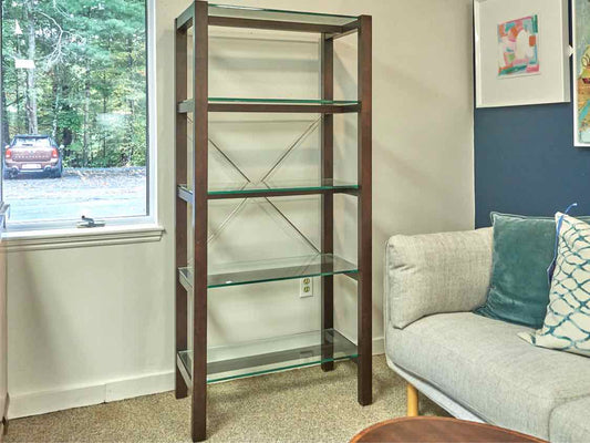 Crate & Barrel Bookcase in Espresso Finish, Metal and Glass