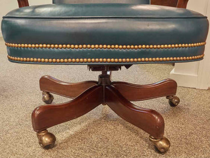 Hancock and Moore Swivel Desk Chairs in Green Leather with Brass Nailheads