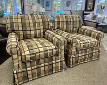 Pair of Kravet Brown, Beige & Black Plaid Skirted Club Chairs