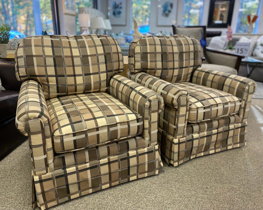 Pair of Kravet Brown, Beige & Black Plaid Skirted Club Chairs
