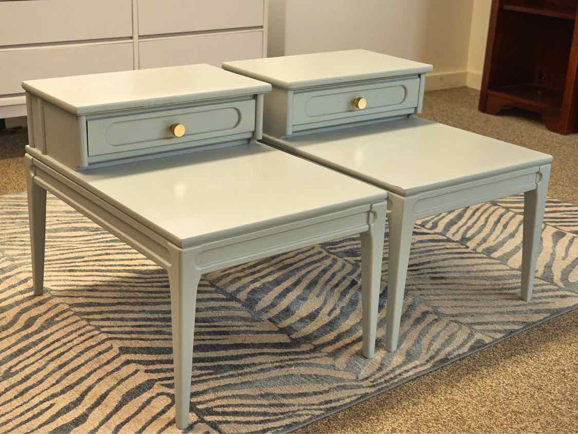 Pair of Mersman Step Side Tables in 'Woodland Flower Blue'