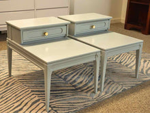 Pair of Mersman Step Side Tables in 'Woodland Flower Blue'