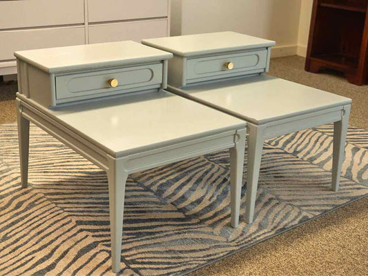 Pair of Mersman Step Side Tables in 'Woodland Flower Blue'