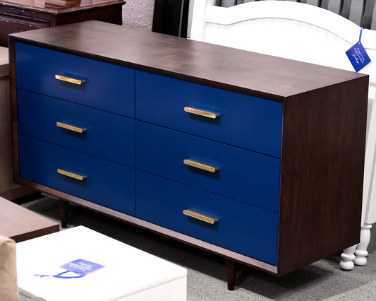Espresso Wooden Dresser With 6 Navy Drawers