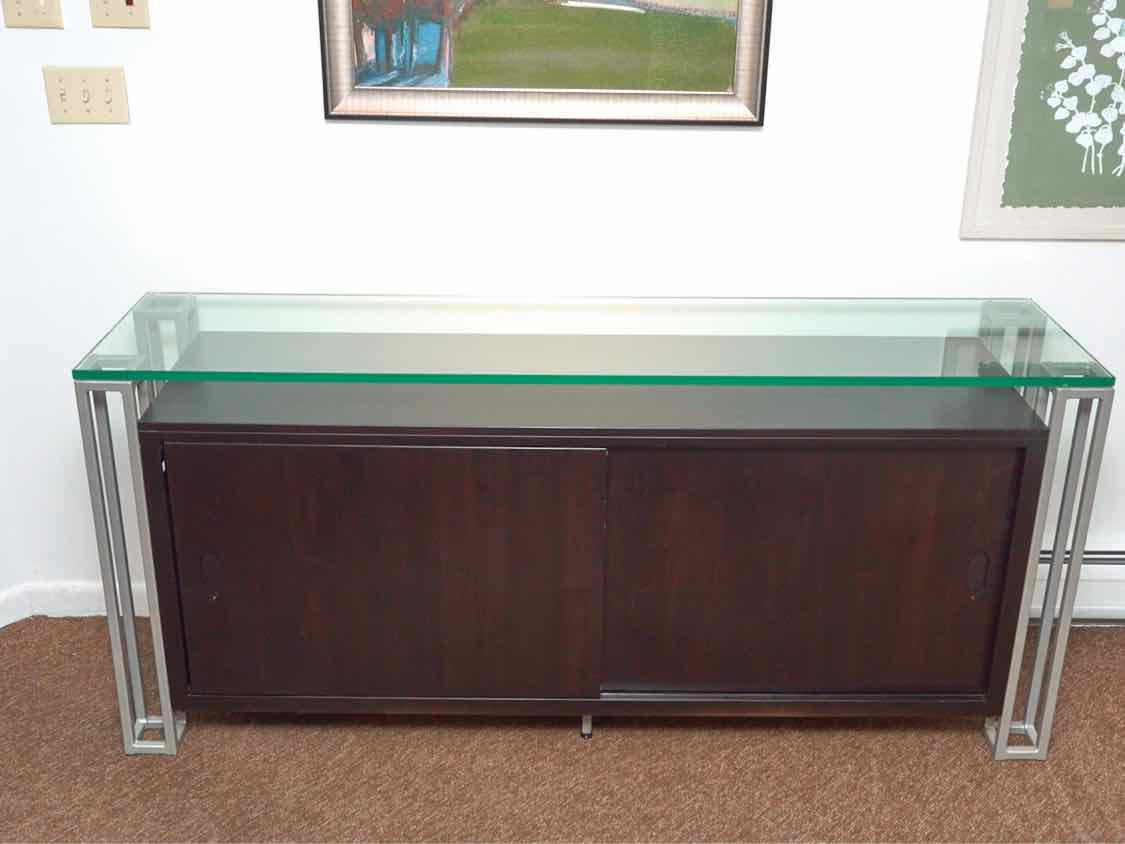 Contemporary Glass Top Walnut  Finish Metal Accents  2 Sliding Doors Server
