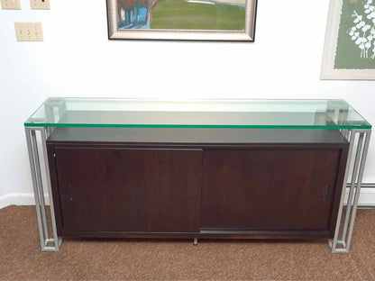 Contemporary Glass Top Walnut  Finish Metal Accents  2 Sliding Doors Server