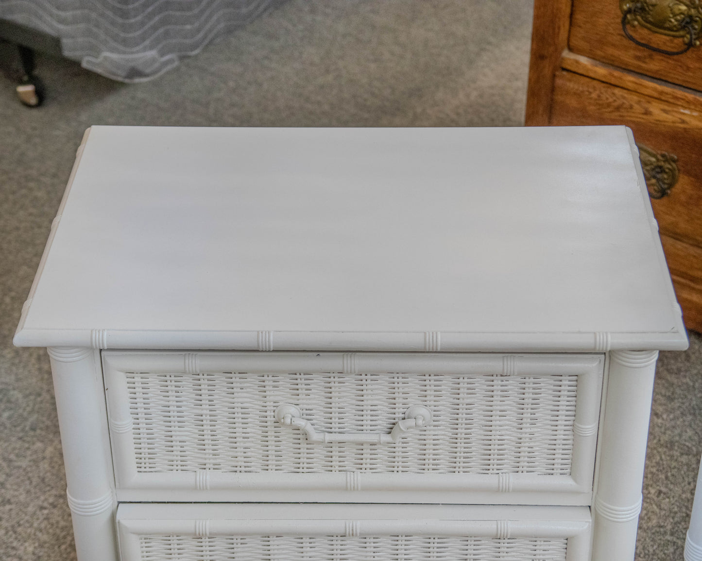 Pair Of Faux Bamboo White Nightstands Featuring 2 Drawers In Wrapped Rattan