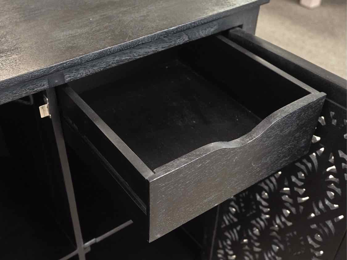 Black Bar Carved 2 Door Wine Cabinet w/ Glass Rack