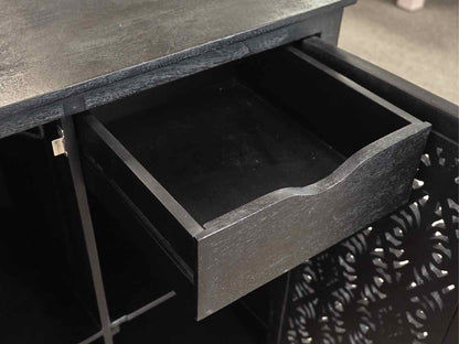 Black Bar Carved 2 Door Wine Cabinet w/ Glass Rack