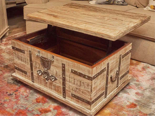 Distressed Rustic White Finish Lift Top Cocktail Table