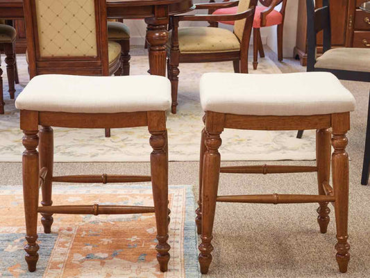 Pair of Linen Seat Counter Stools on Medium Finish Wood Frame