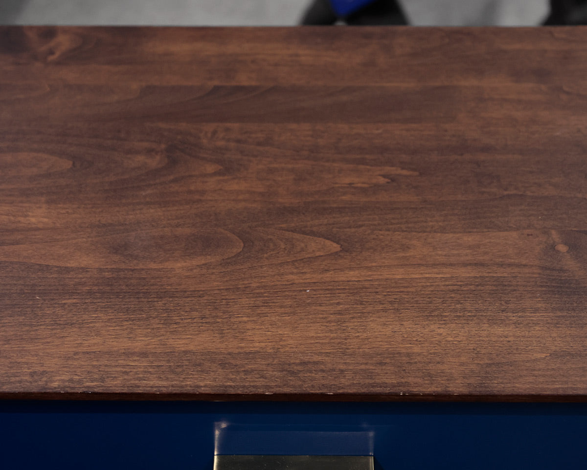 Pair of Espresso Wooden Nightstands With Navy Drawers