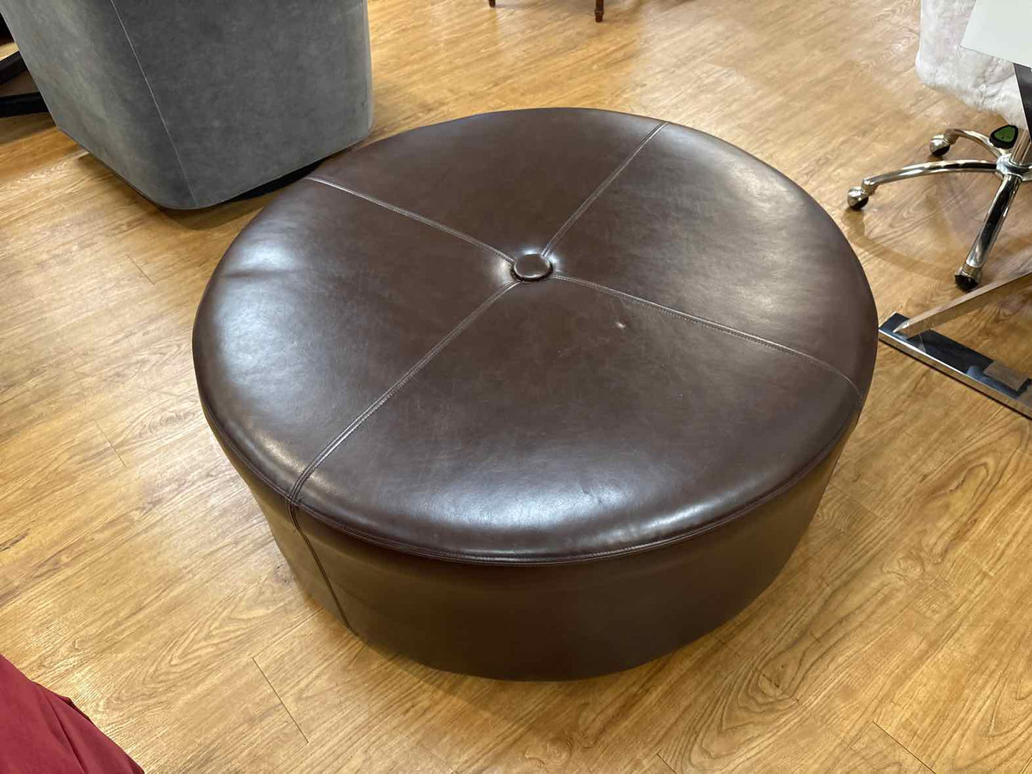 Round Dark Chocolate Leather Ottoman