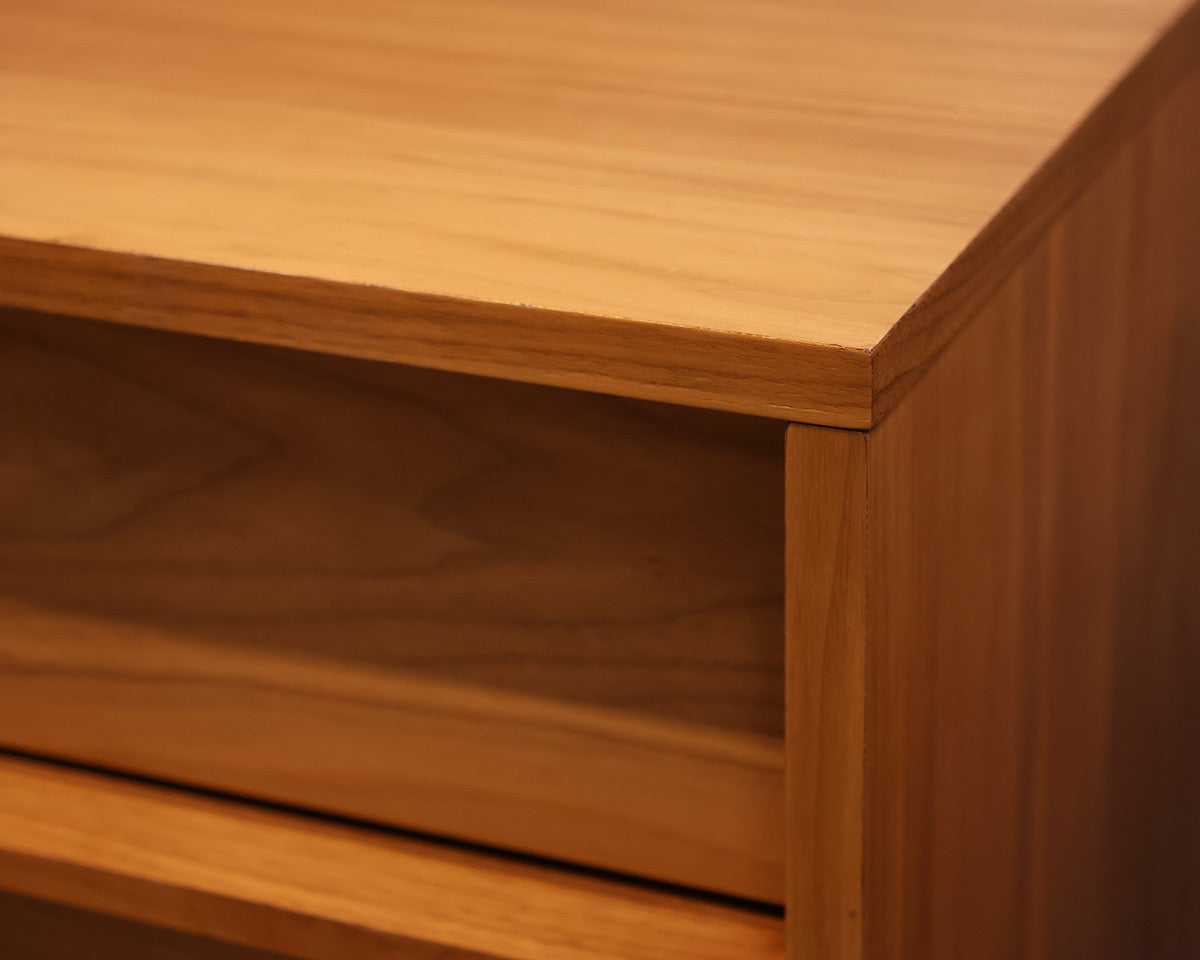 Pair of Contemporary Teak 2-Drawer Nightstands with Nickel Gooseneck Lamps