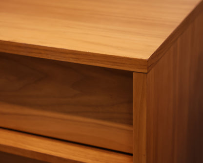 Pair of Contemporary Teak 2-Drawer Nightstands with Nickel Gooseneck Lamps